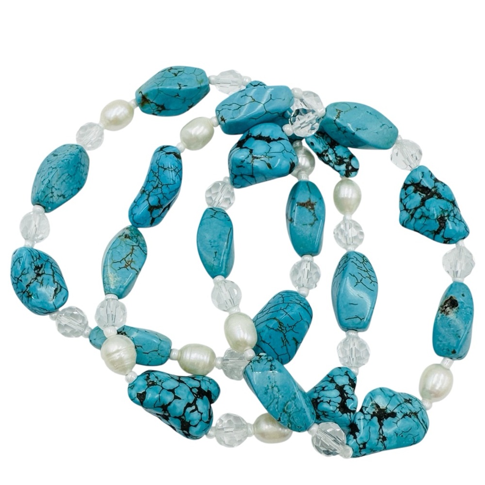 Turquoise Sone & Cultured Pearl Beaded Stretch Bracelet Set of 3